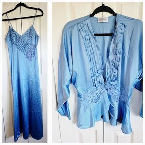 Lily Of France M Vintage 60's Long Nightgown Robe Blue‎ Set Union Made USA Lace
